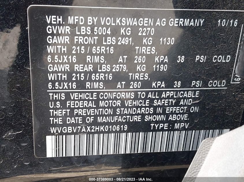 2017 VOLKSWAGEN TIGUAN S/LIMITED - WVGBV7AX2HK010619