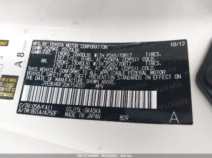2013 TOYOTA FJ CRUISER JTEBU4BF2DK154351
