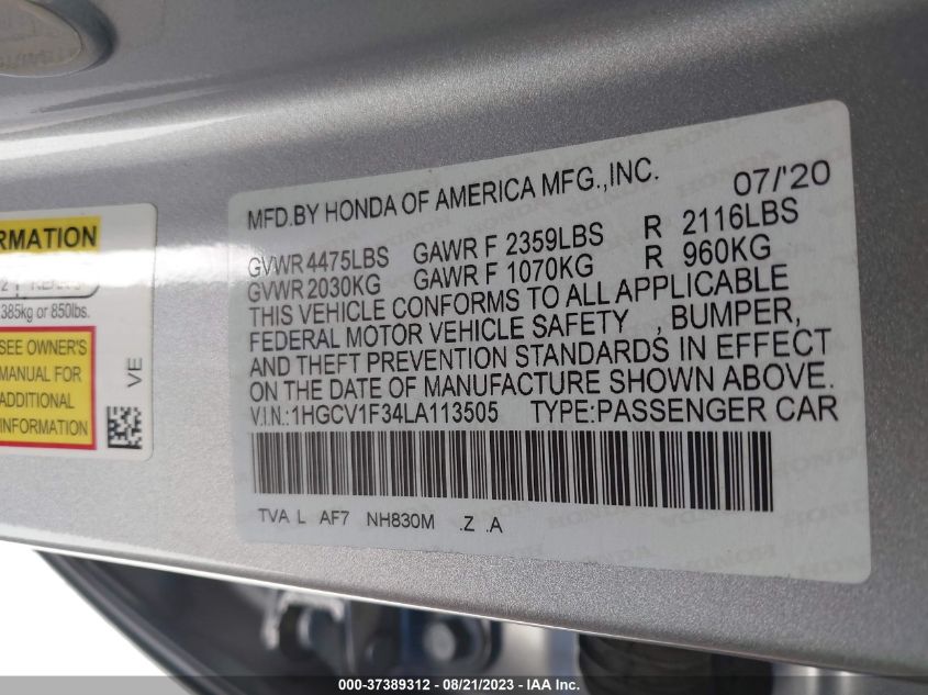 2020 HONDA ACCORD SEDAN SPORT - 1HGCV1F34LA113505