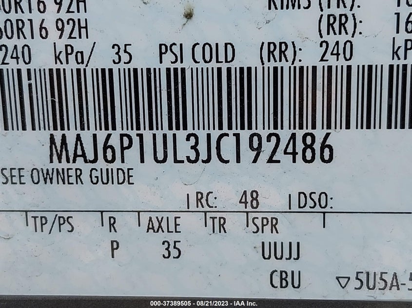 VIN MAJ6P1UL3JC192486 2018 FORD ECOSPORT SE