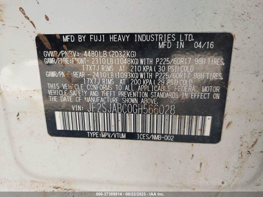 2016 SUBARU FORESTER 2.5I - JF2SJABC0GH566028