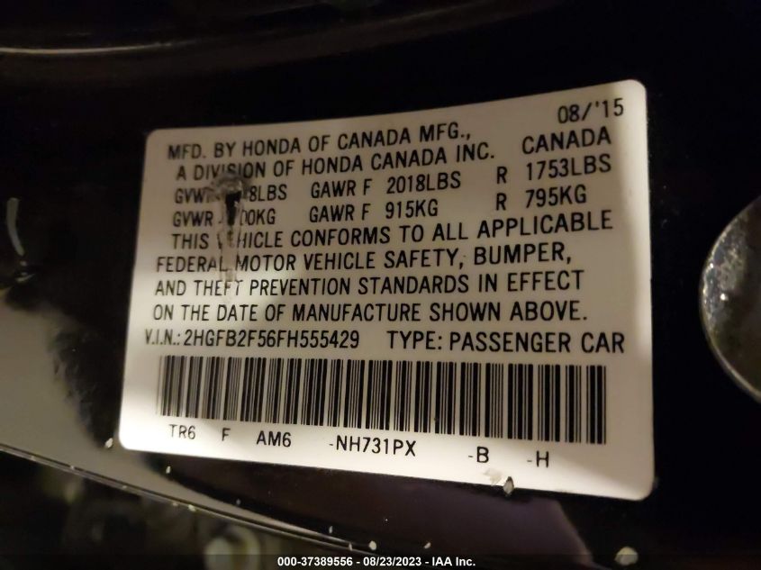 2015 HONDA CIVIC SEDAN LX - 2HGFB2F56FH555429