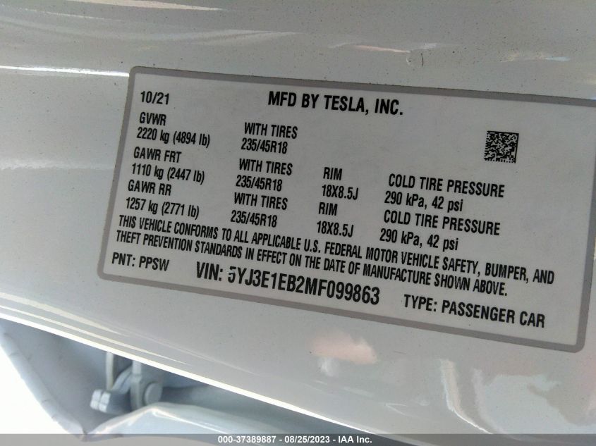 2021 TESLA MODEL 3 LONG RANGE - 5YJ3E1EB2MF099863