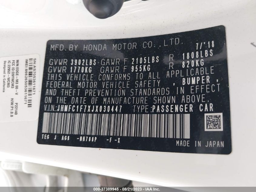 2018 HONDA CIVIC SEDAN EX-L - JHMFC1F7XJX030447