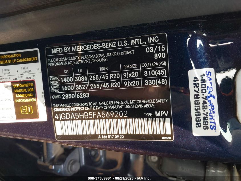 2015 MERCEDES-BENZ M-CLASS ML 350 - 4JGDA5HB5FA569202