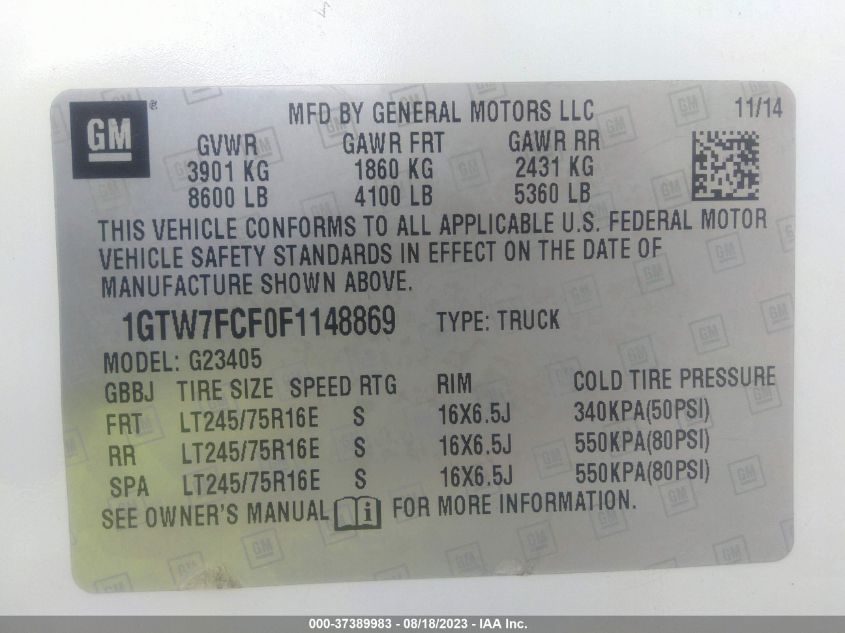 2015 GMC SAVANA CARGO VAN 1GTW7FCF0F1148869