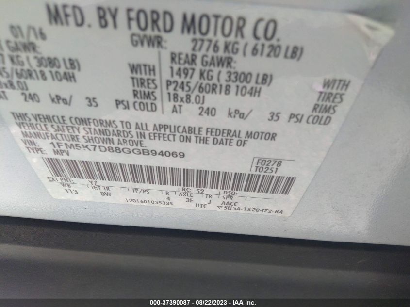 2016 FORD EXPLORER XLT - 1FM5K7D88GGB94069
