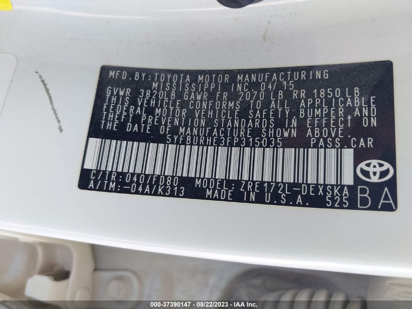 2015 TOYOTA COROLLA L/LE/S/S PLUS/LE PLUS - 5YFBURHE3FP315035