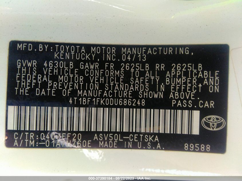 2013 TOYOTA CAMRY L/LE/SE/XLE - 4T1BF1FK0DU686248