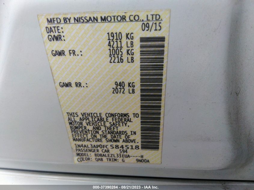 2015 NISSAN ALTIMA 2.5 S - 1N4AL3AP0FC584518