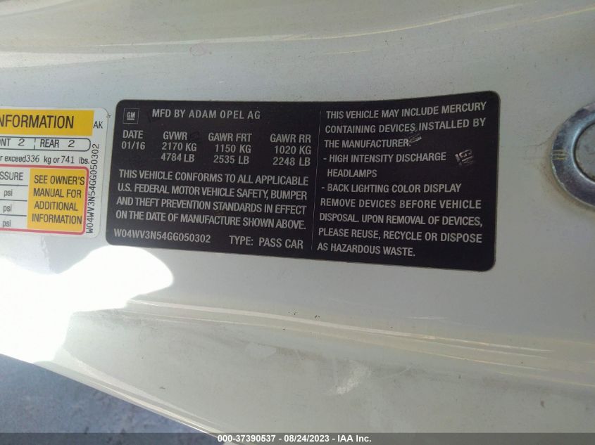 2016 BUICK CASCADA - W04WV3N54GG050302
