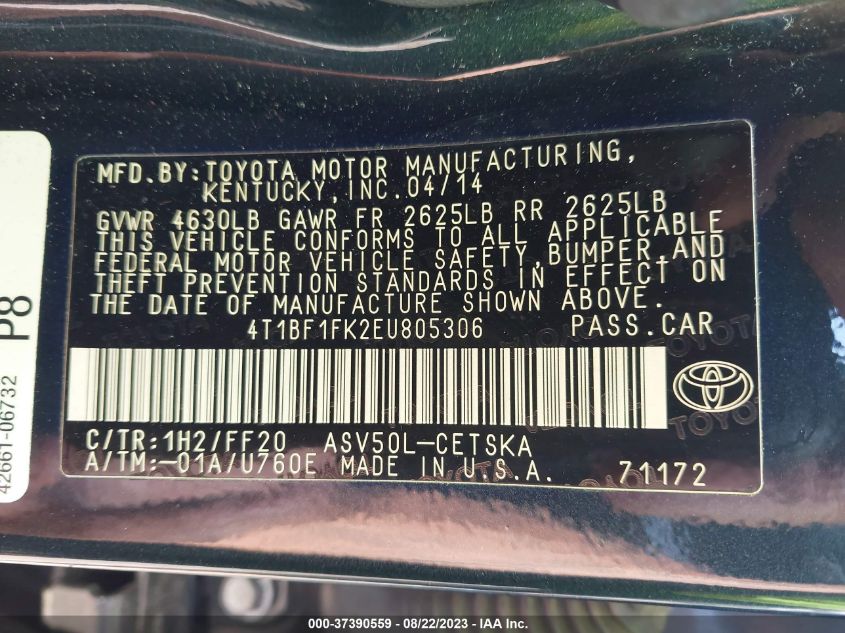 2014 TOYOTA CAMRY L/LE/XLE/SE/SE SPORT - 4T1BF1FK2EU805306