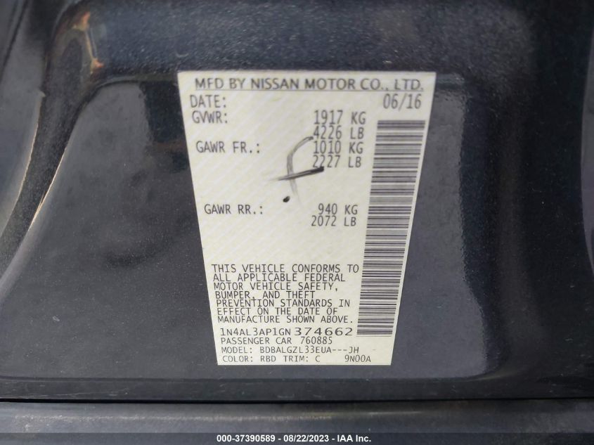 2016 NISSAN ALTIMA 2.5/S/SV/SL/SR - 1N4AL3AP1GN374662