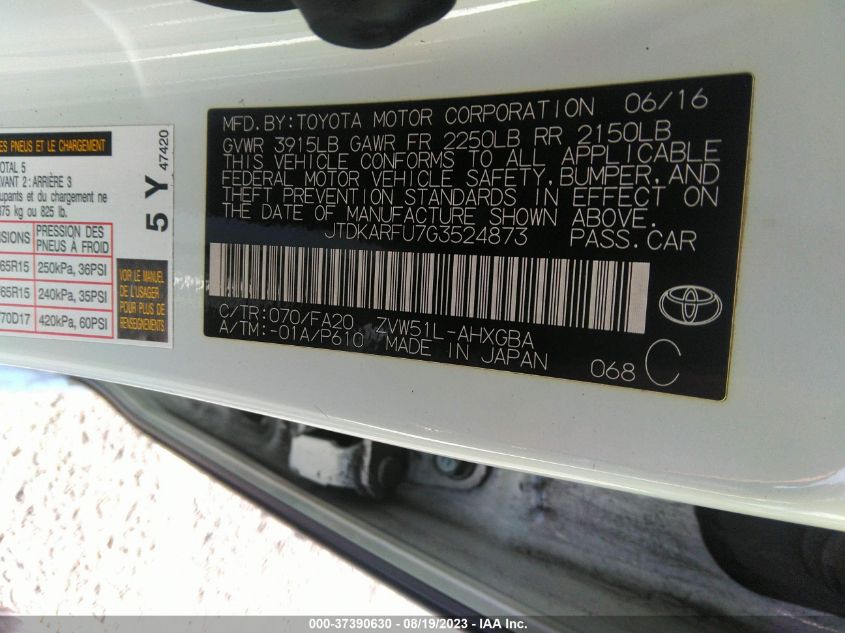 2016 TOYOTA PRIUS FOUR - JTDKARFU7G3524873