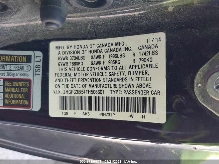 2015 HONDA CIVIC COUPE LX 2HGFG3B54FH506601