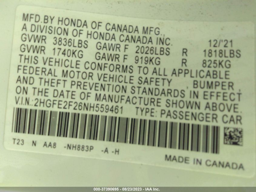 2022 HONDA CIVIC SEDAN LX - 2HGFE2F26NH559461