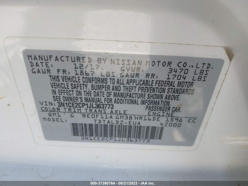 2018 NISSAN VERSA NOTE SV - 3N1CE2CP1JL363773