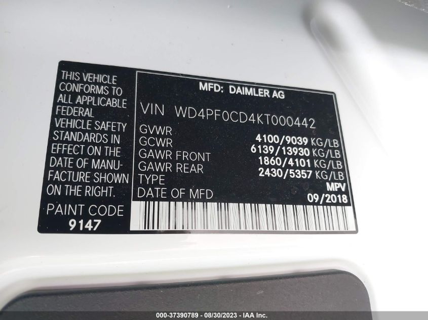 2019 MERCEDES-BENZ SPRINTER VAN WD4PF0CD4KT000442