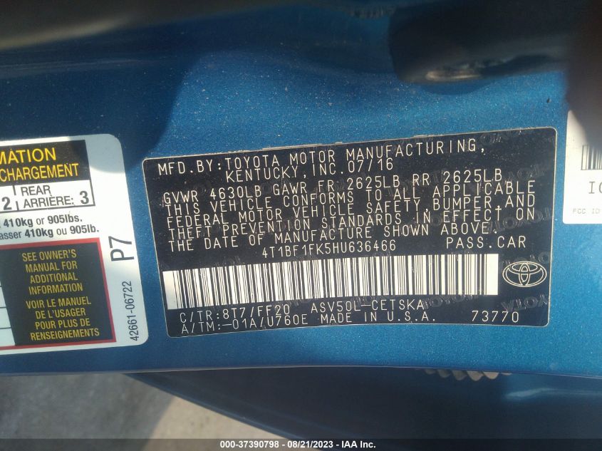 2017 TOYOTA CAMRY XLE/SE/LE/XSE - 4T1BF1FK5HU636466