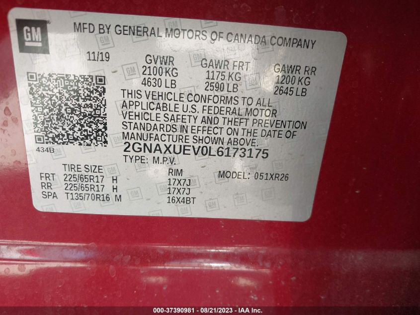 2020 CHEVROLET EQUINOX LT - 2GNAXUEV0L6173175