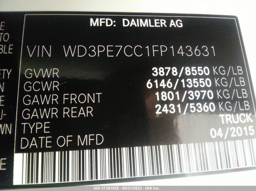 2015 MERCEDES-BENZ SPRINTER CARGO VANS WD3PE7CC1FP143631