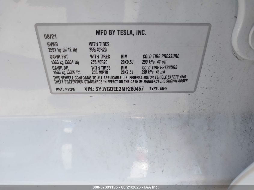 2021 TESLA MODEL Y LONG RANGE - 5YJYGDEE3MF260457