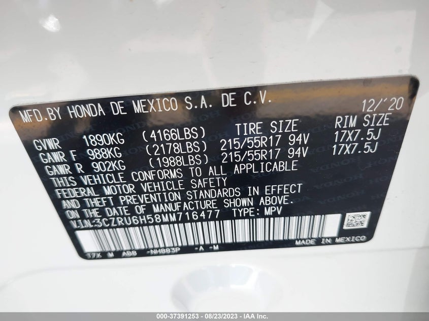 VIN 3CZRU6H58MM716477 2021 HONDA HR-V EX