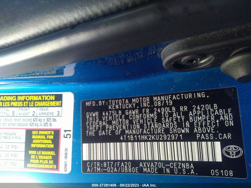 2019 TOYOTA CAMRY LE/SE/XLE/L - 4T1B11HK2KU292971