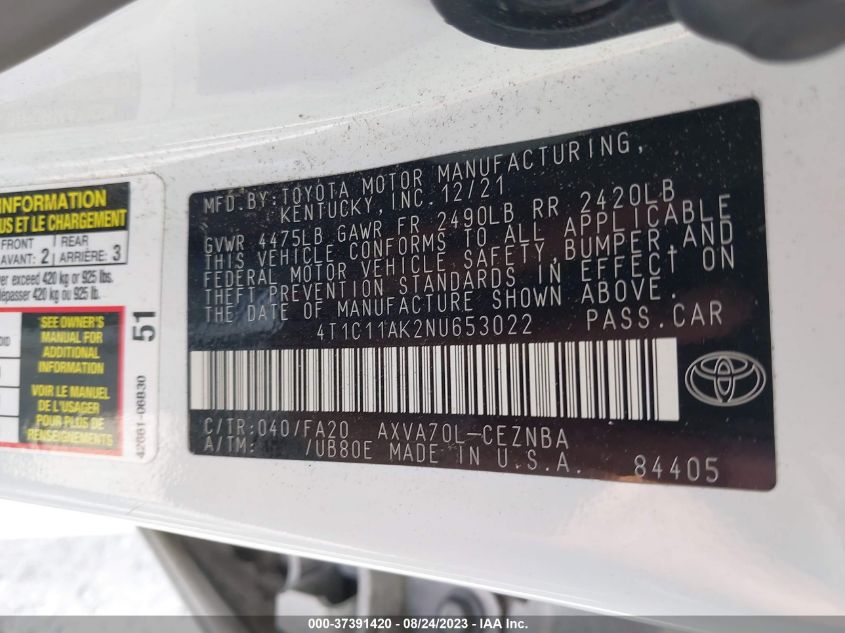 2022 TOYOTA CAMRY LE - 4T1C11AK2NU653022
