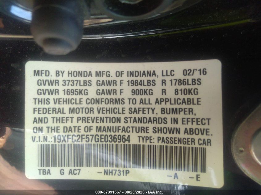 2016 HONDA CIVIC LX - 19XFC2F57GE036964