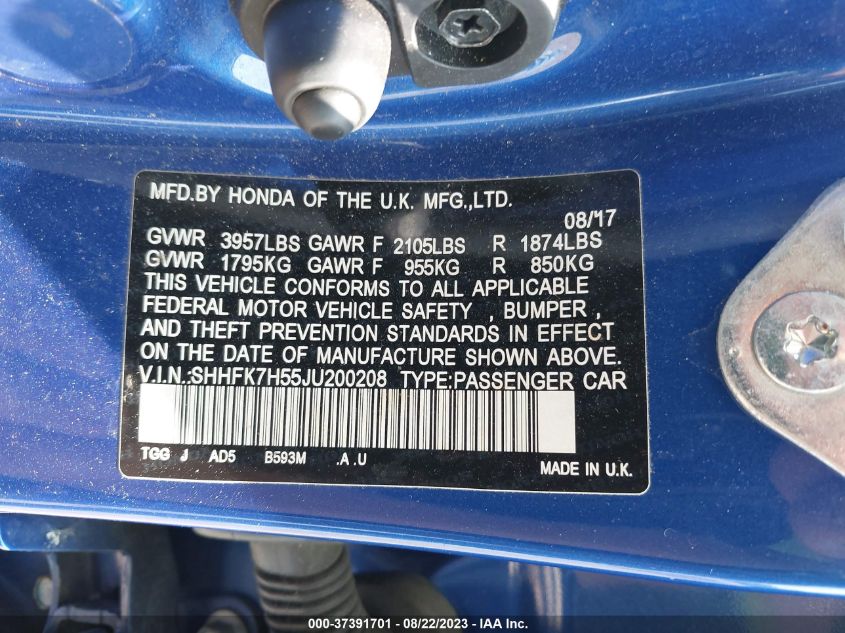 2018 HONDA CIVIC HATCHBACK EX - SHHFK7H55JU200208