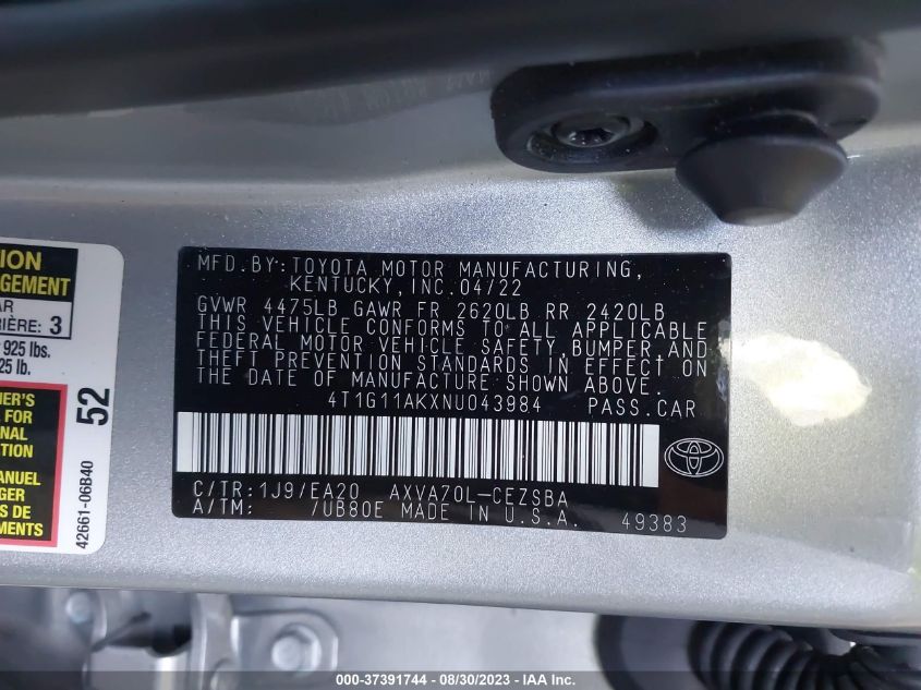 2022 TOYOTA CAMRY SE - 4T1G11AKXNU043984