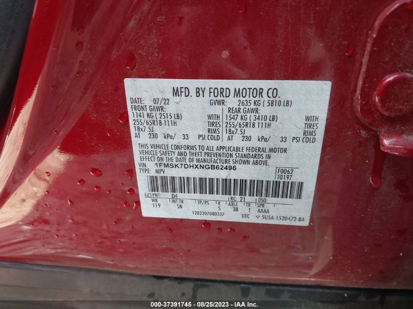 2022 FORD EXPLORER XLT - 1FMSK7DHXNGB62496