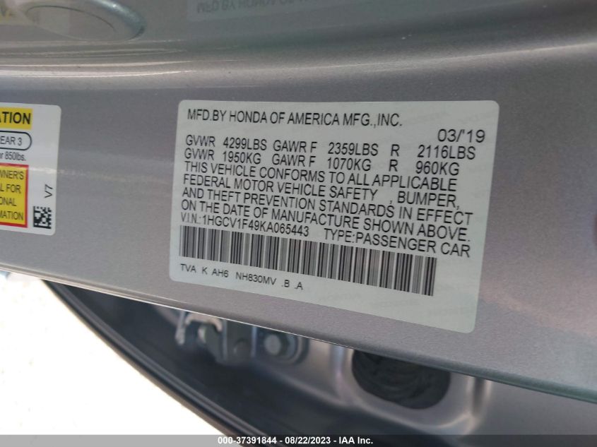 VIN 1HGCV1F49KA065443 2019 HONDA ACCORD SEDAN EX 1.5T
