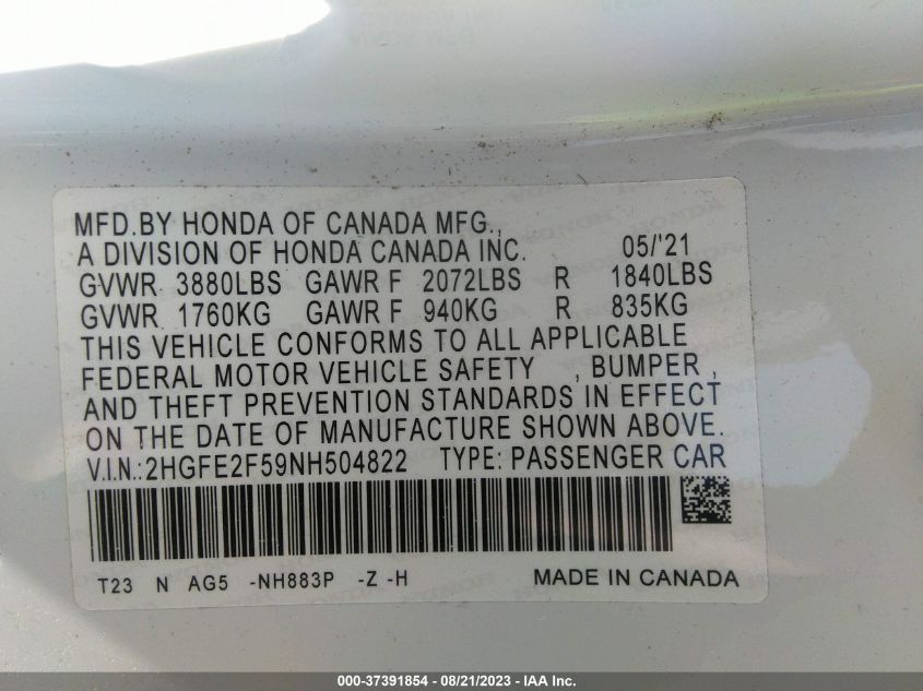 2HGFE2F59NH504822 Honda Civic Sedan SPORT 9