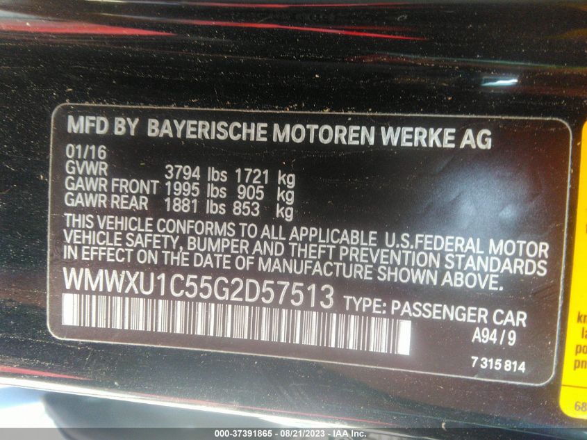 2016 MINI COOPER HARDTOP 4 DOOR WMWXU1C55G2D57513