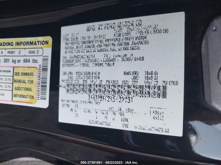 VIN 1FATP8FF2K5182931 2019 FORD MUSTANG GT PREMIUM
