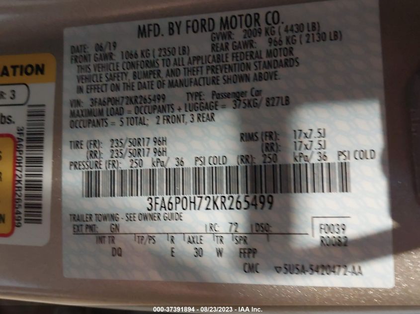 3FA6P0H72KR265499 Ford Fusion SE 9