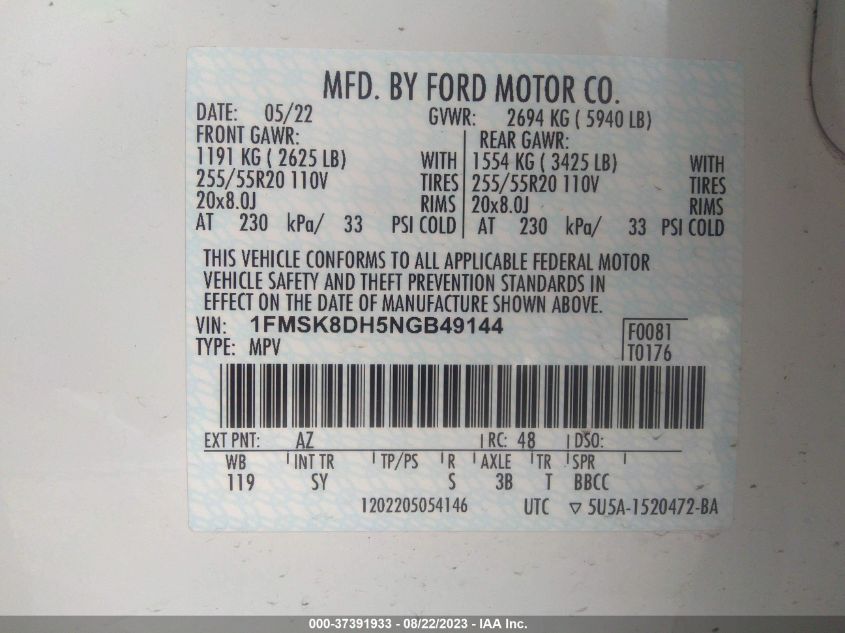 2022 FORD EXPLORER XLT - 1FMSK8DH5NGB49144
