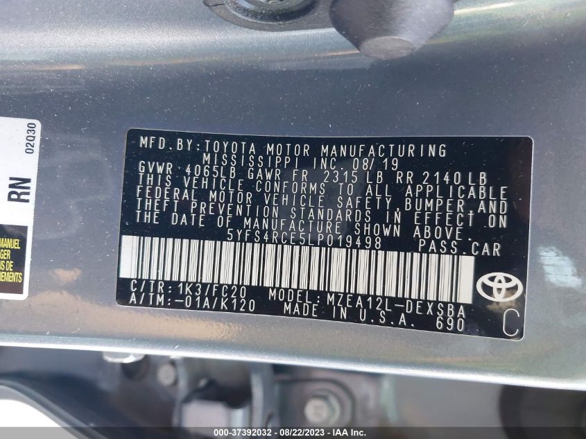 2020 TOYOTA COROLLA SE/NIGHTSHADE - 5YFS4RCE5LP019498