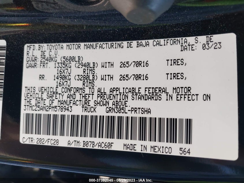 VIN 3TMCZ5AN2PM578943 2023 TOYOTA TACOMA 4WD SR5