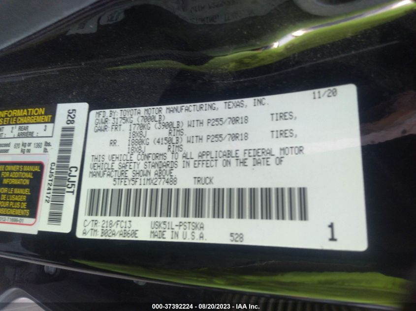 2021 TOYOTA TUNDRA 2WD SR5 5TFEY5F11MX277488