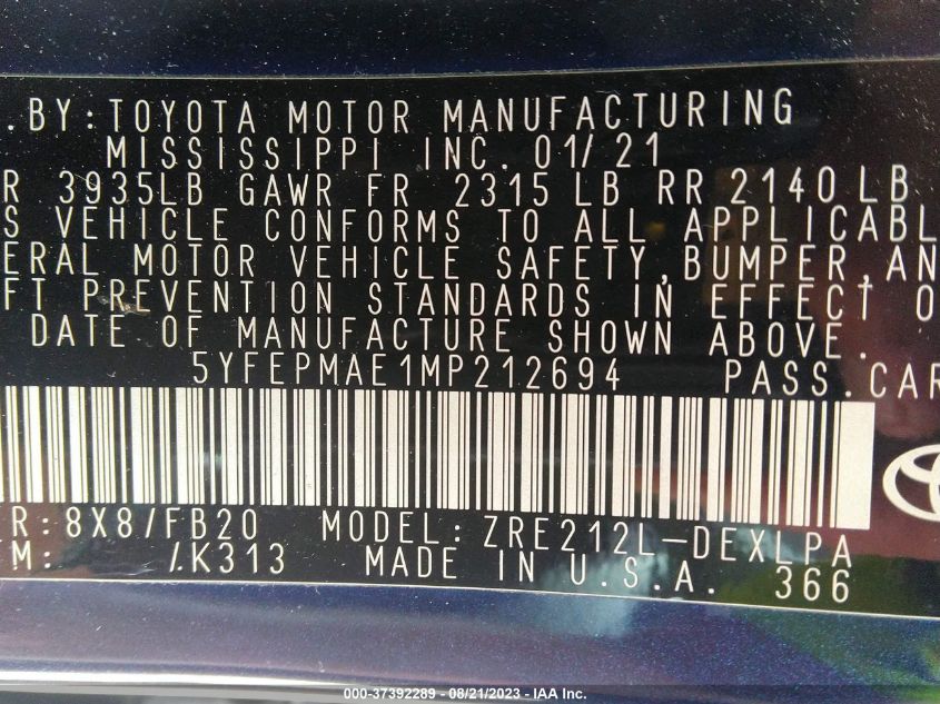 2021 TOYOTA COROLLA LE - 5YFEPMAE1MP212694