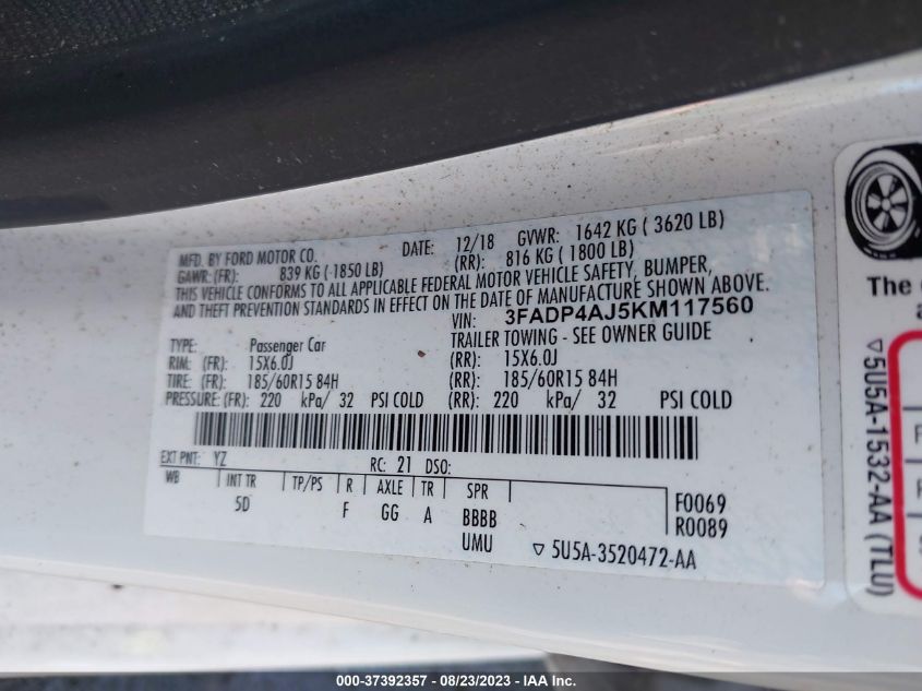 2019 FORD FIESTA S - 3FADP4AJ5KM117560