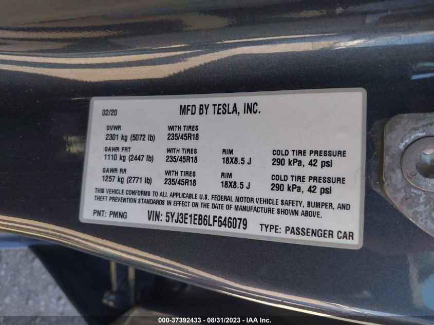 2020 TESLA MODEL 3 LONG RANGE - 5YJ3E1EB6LF646079