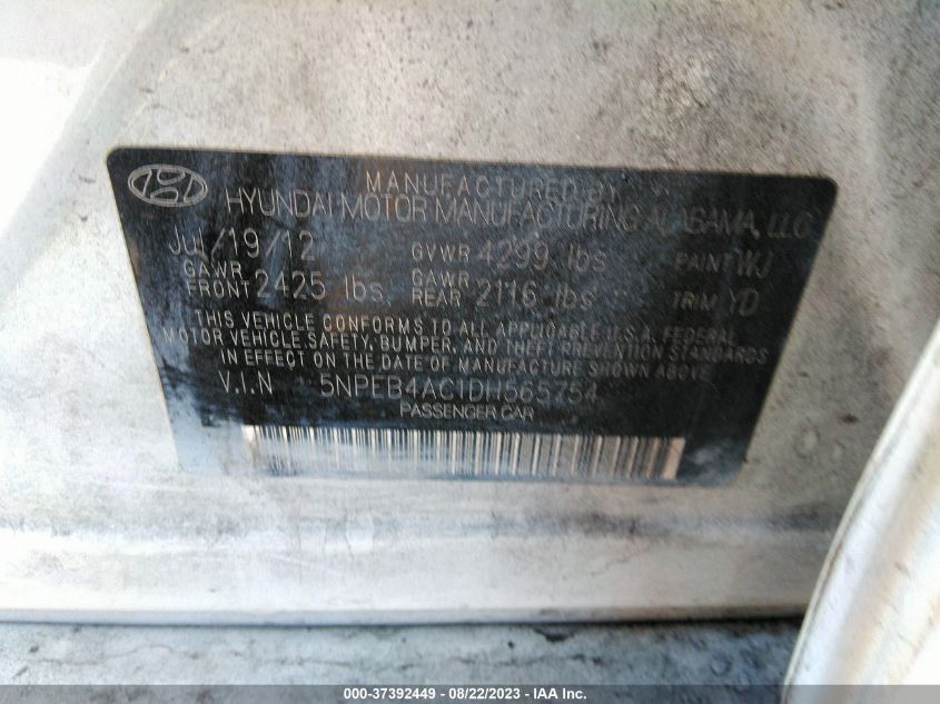 2013 HYUNDAI SONATA GLS PZEV - 5NPEB4AC1DH565754