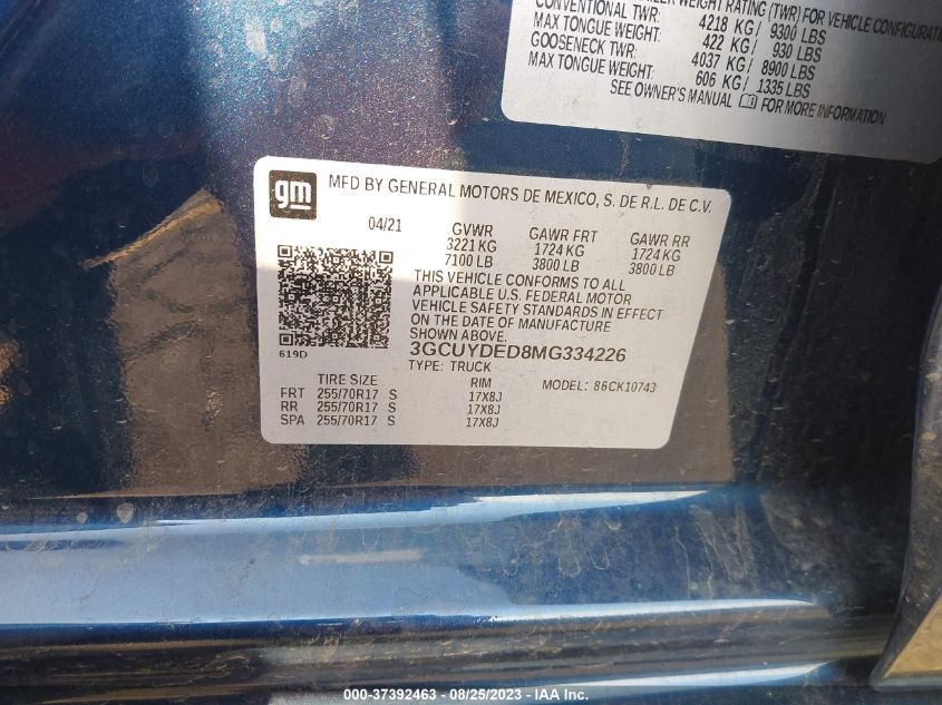 2021 CHEVROLET SILVERADO 1500 LT - 3GCUYDED8MG334226