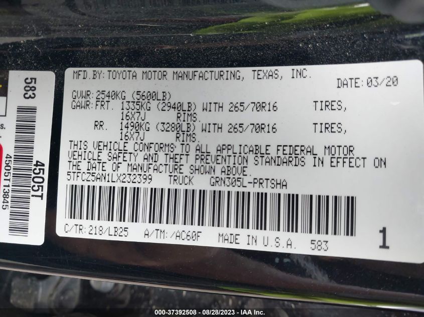2020 TOYOTA TACOMA 4WD SR5/TRD SPORT - 5TFCZ5AN1LX232399