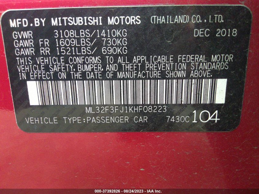 2019 MITSUBISHI MIRAGE G4 ES/RF - ML32F3FJ1KHF08223