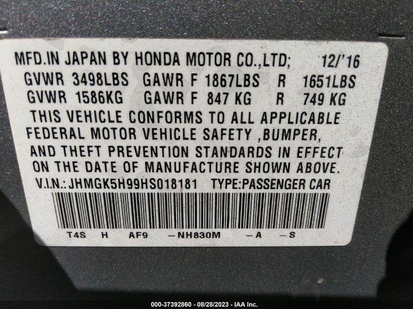 2017 HONDA FIT EX-L - JHMGK5H99HS018181